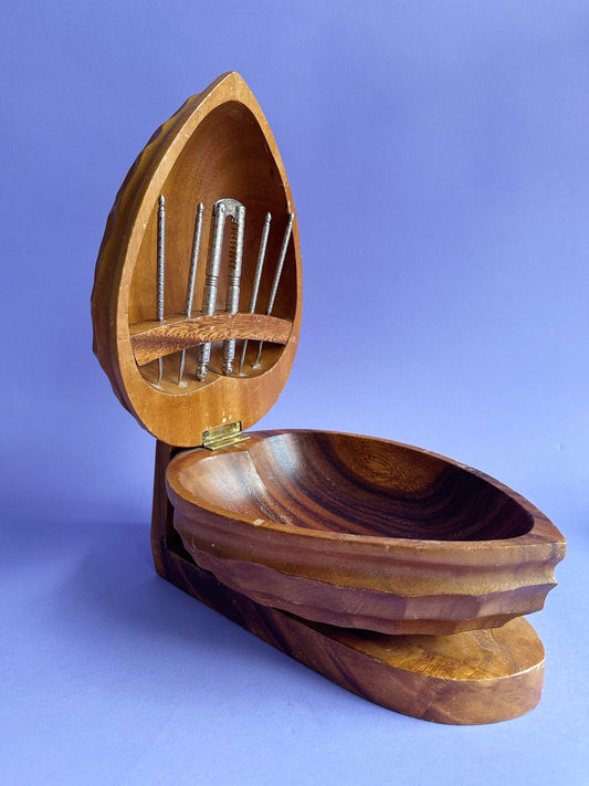 Vintage Carved Walnut Nut Cracker Bowl Set With Tools Mid Century 9½" X 6"
