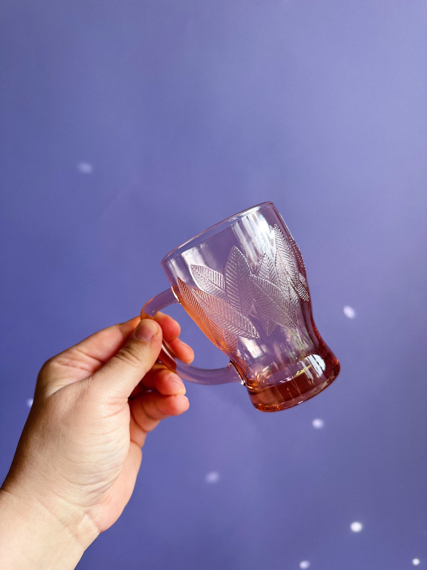 Vintage KIG Indonesia Pink Depression Glass Mugs - Leaf Pattern Set of 4