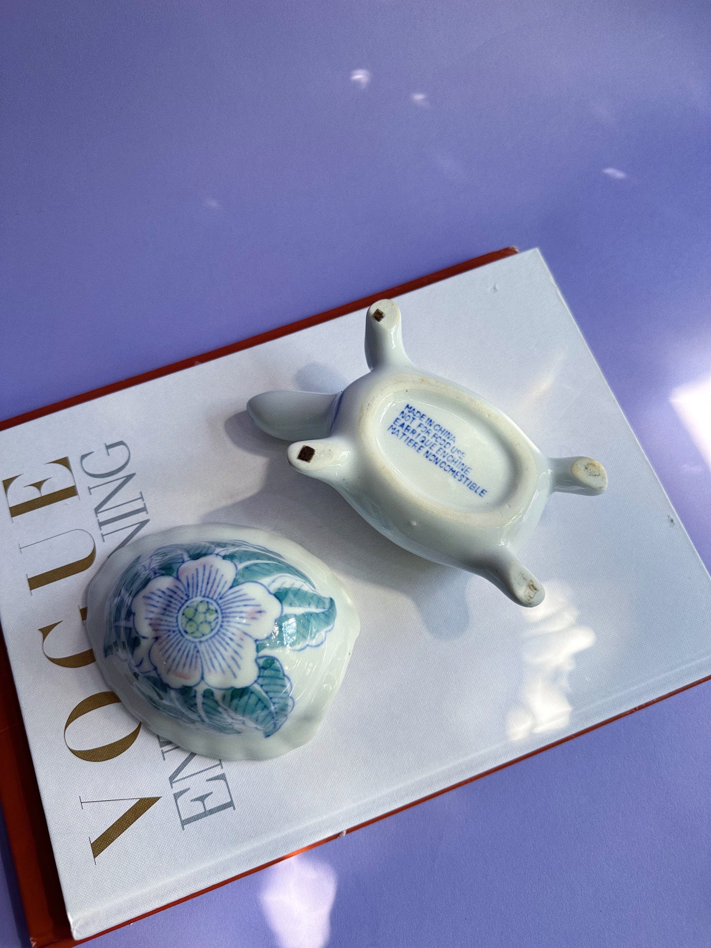 Vintage Porcelain Floral Turtle Trinket Lidded Dish