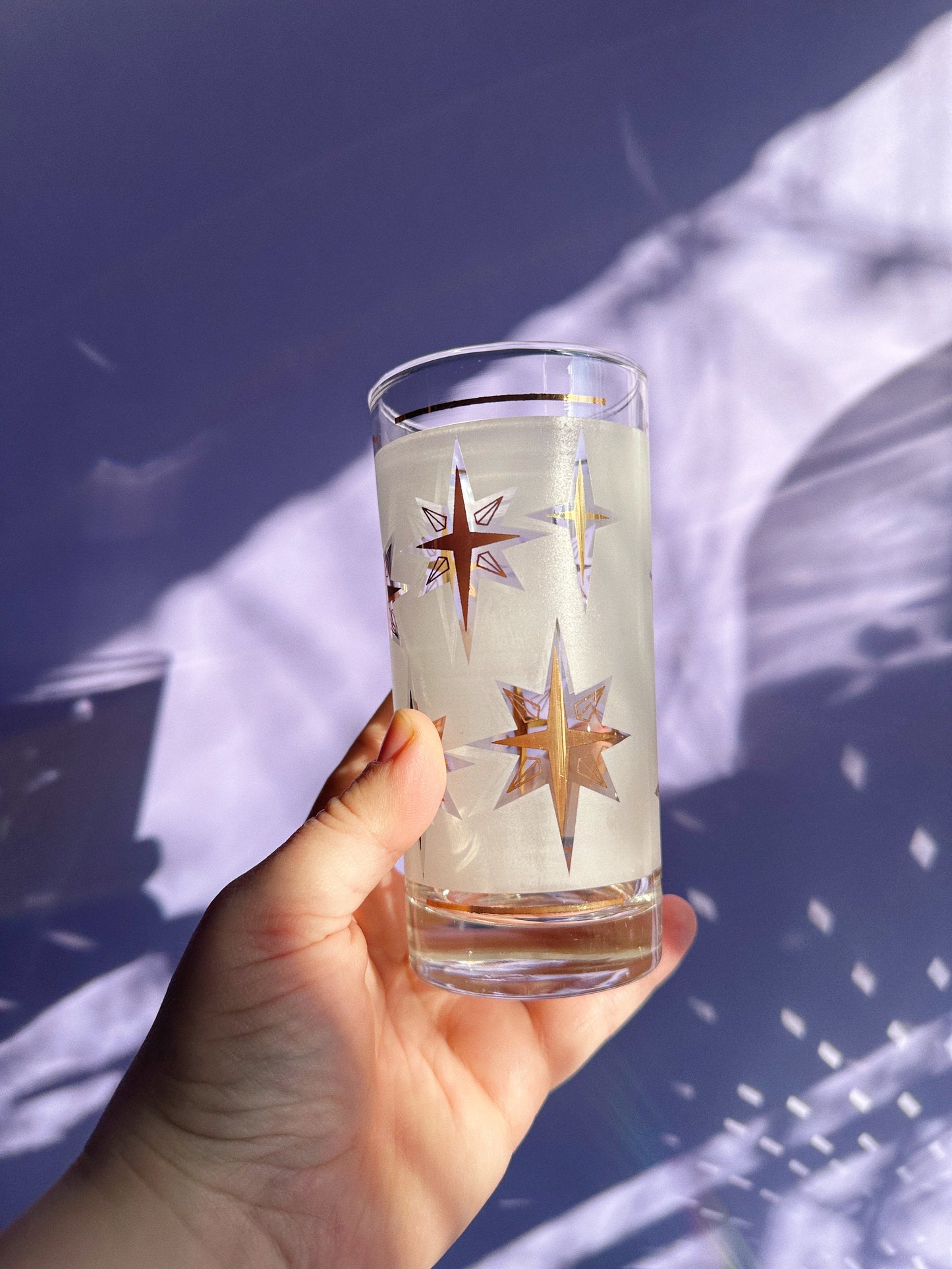 Vintage Set of 6 Dominion MCM Atomic Starburst Frosted Gold Tumblers Glasses 5.5”