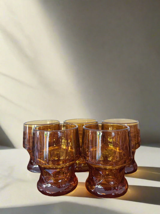 Vintage Set of 5 Amber Libbey Heavy Bottom Glass Tumblers