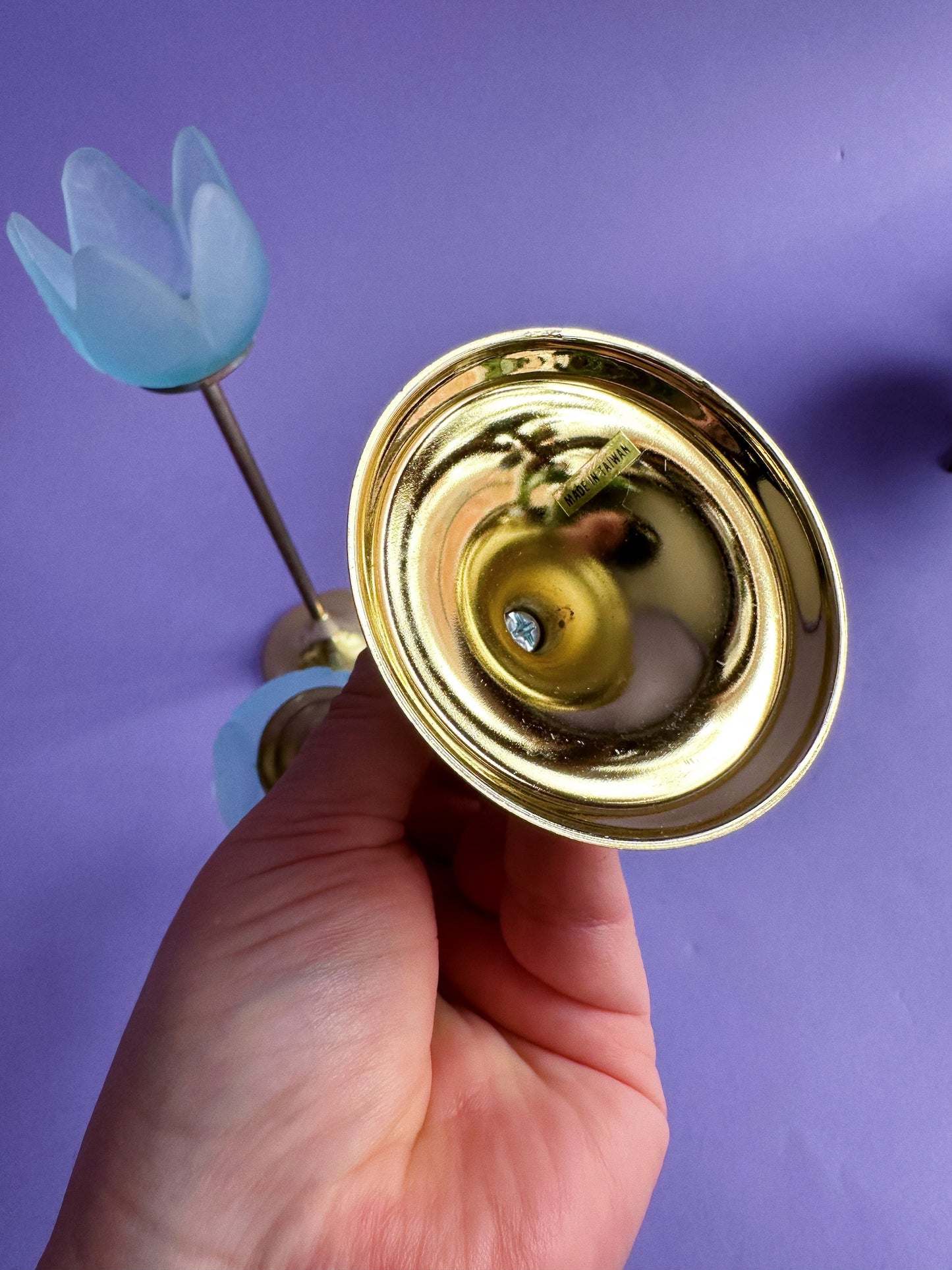 Vintage Blue Frosted Glass Tulip & Brass Candle Holders