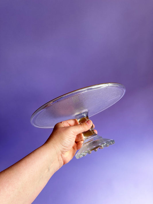 Vintage Jeannette Glass Cake Stand Harp Scroll Gold Trim Pedestal