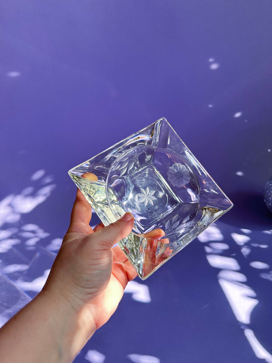 Vintage Crystal Ashtray / Throw Dish w Etched Flowers