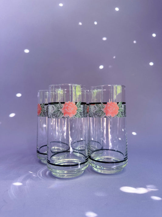 4 Vintage 80s Floral Post Modern Tall Drinking Glasses
