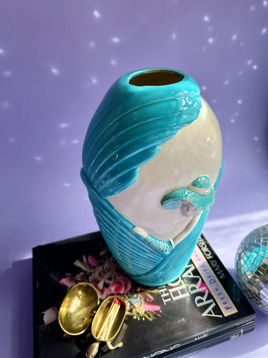 1980s Blue & White Art Deco Revival Ceramic Floral Vase