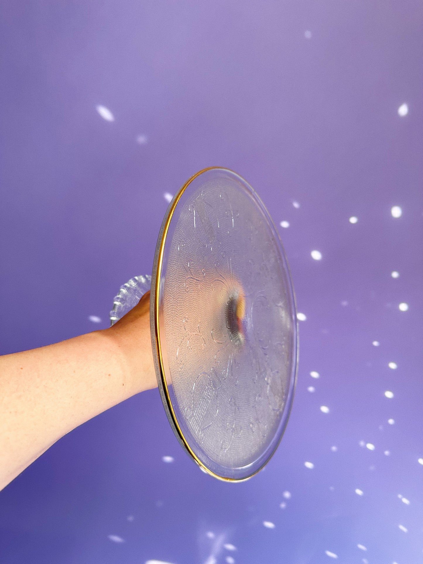 Vintage Jeannette Glass Cake Stand Harp Scroll Gold Trim Pedestal