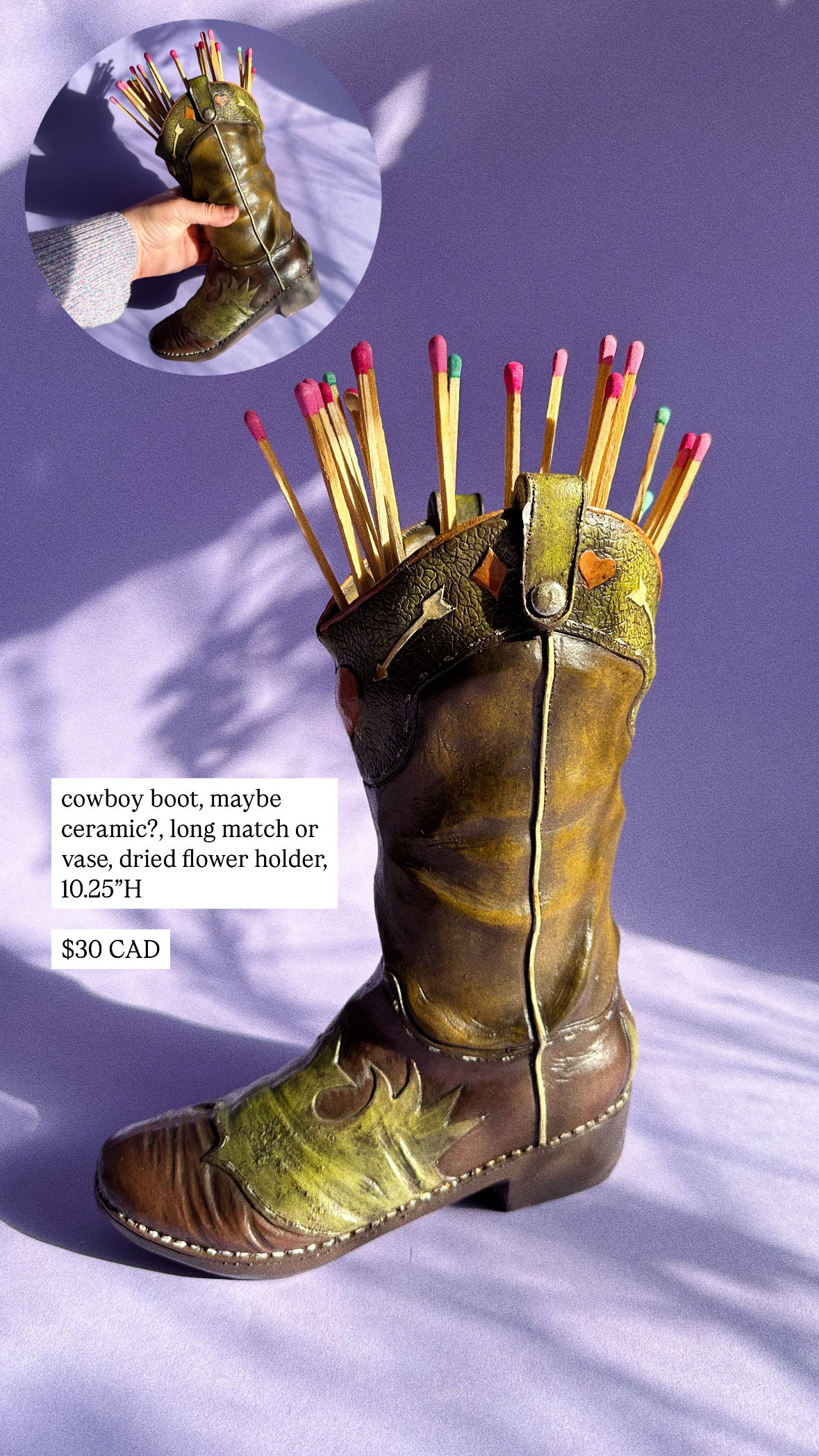 Tall Ceramic Cowboy Boot Vase or for Long Matches