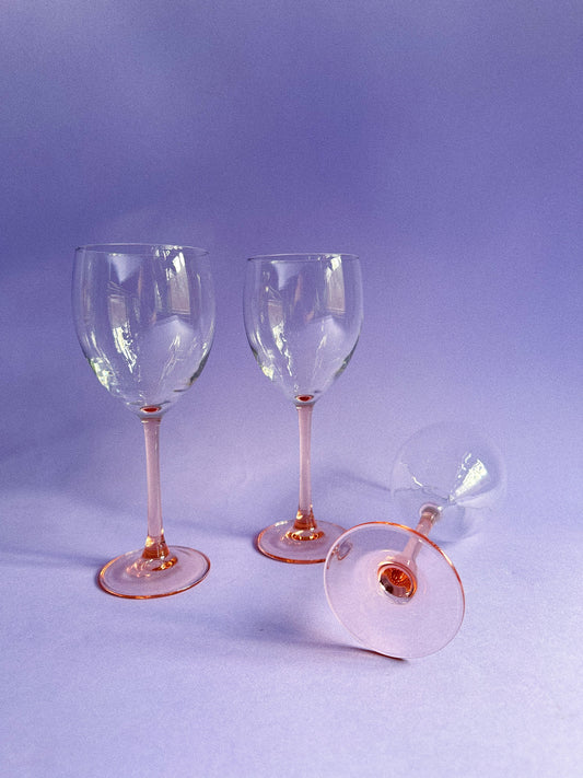 Set of 3 Pink Stemmed French Wine Glasses