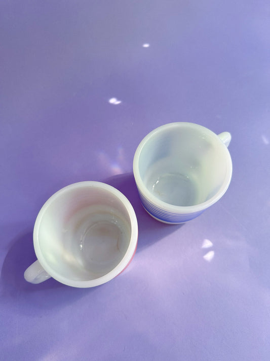 Vintage Pair of Termocrisa Milk Glass Red & Blue Striped Retro Mugs