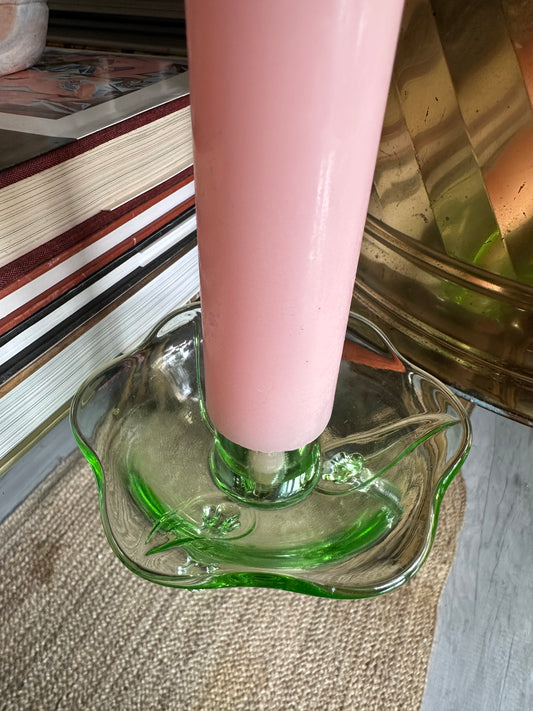 Vintage 1930s Uranium Glass Fostoria Footed Candleholders - Fairfax Pattern