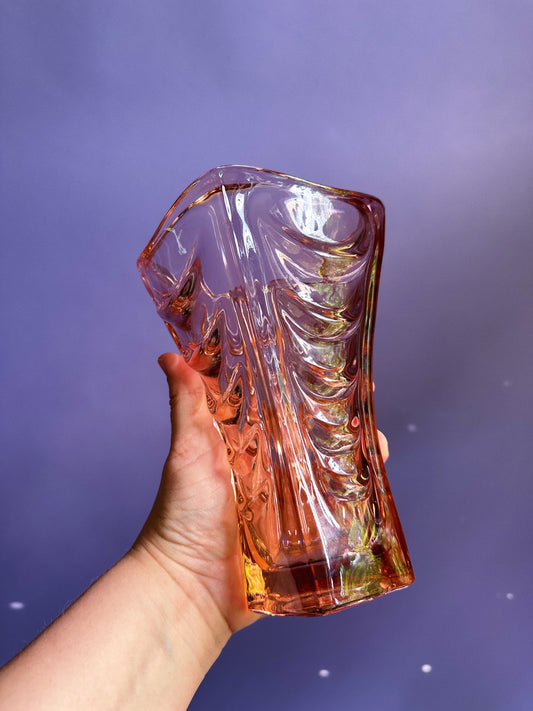 Czech Glass Pink Drapery Vase Vintage