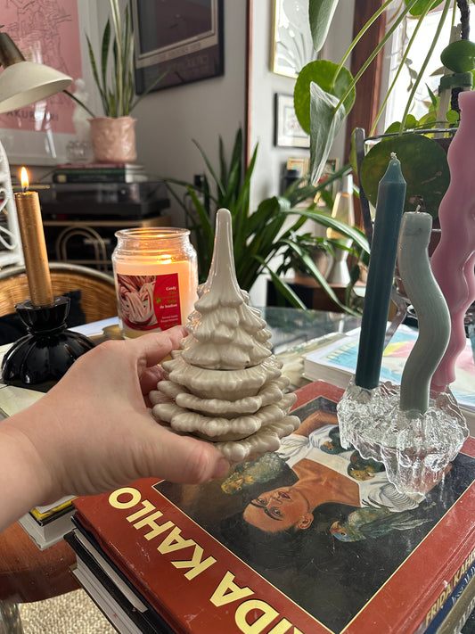 Vintage Stacking Ceramic Christmas Tree Lighter Ashtrays Cream