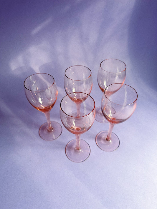 Vintage Set of 5 Pink Glass Wine Glasses