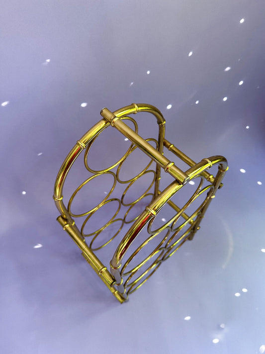 Vintage Hollywood Regency Brass Faux Bamboo 7-Bottle Wine Rack Tabletop