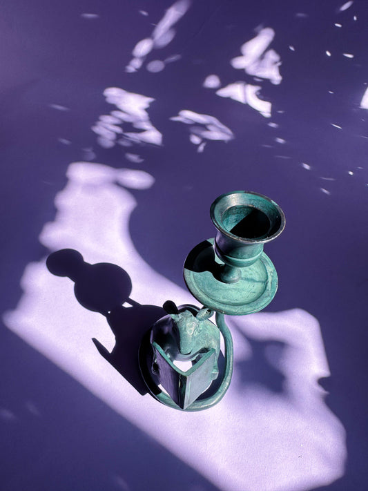 Vintage Book Reading Mouse Metal Green Candlestick for Tapers