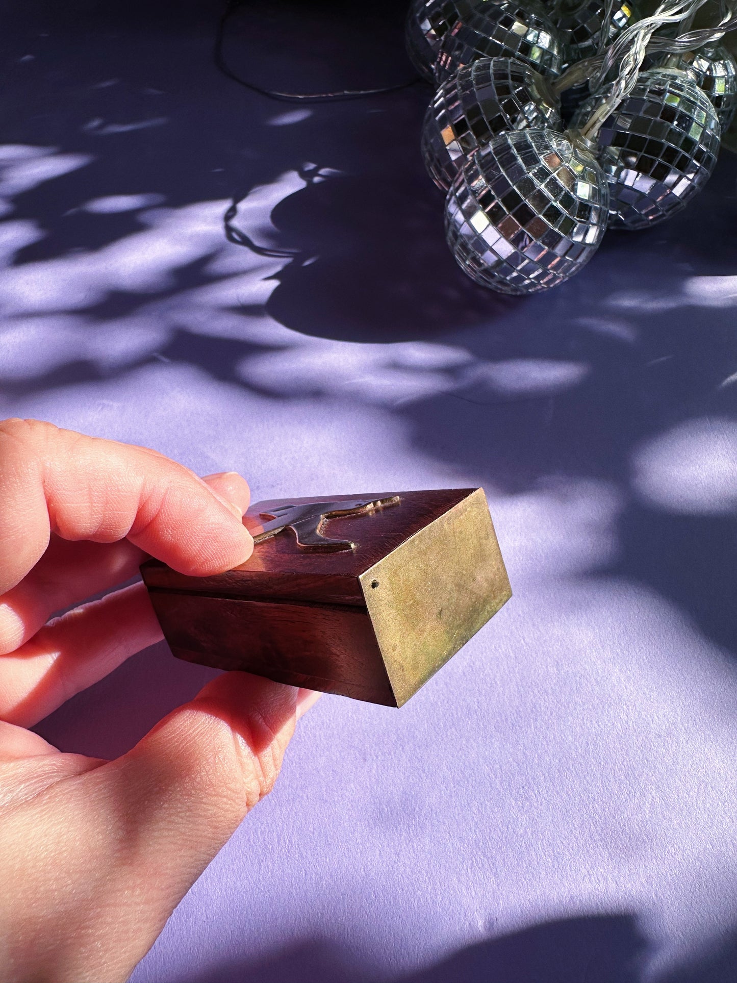Wood & Brass Small Chest-Shaped Box With Brass Bird Inlay For Pills / Matches