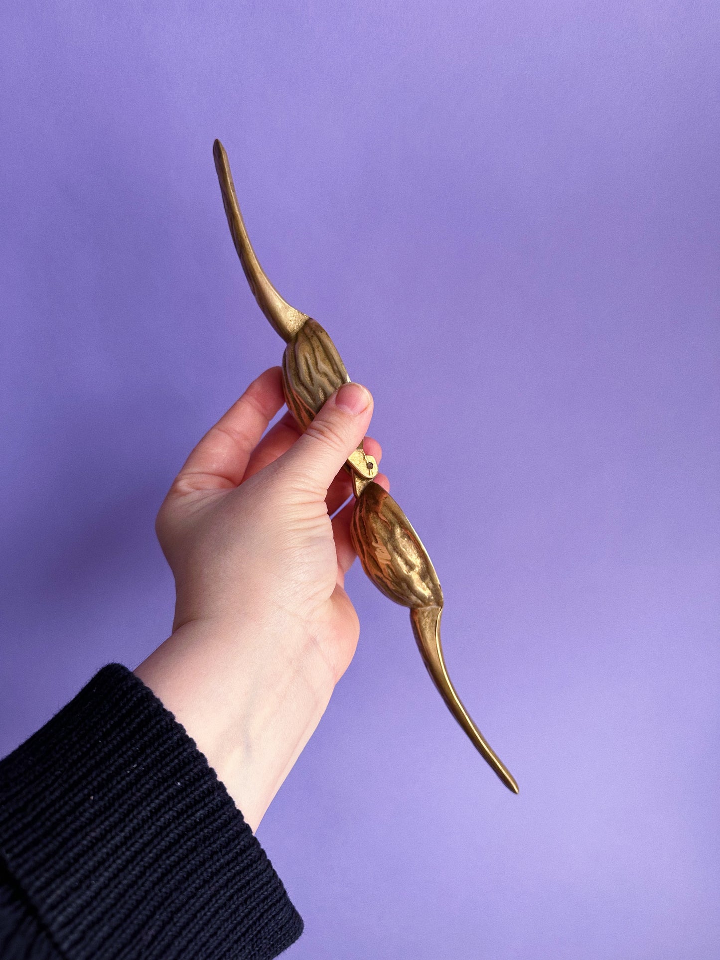 Vintage Old Handcrafted Brass Line Engraved Walnut Cracker Kitchen Tool