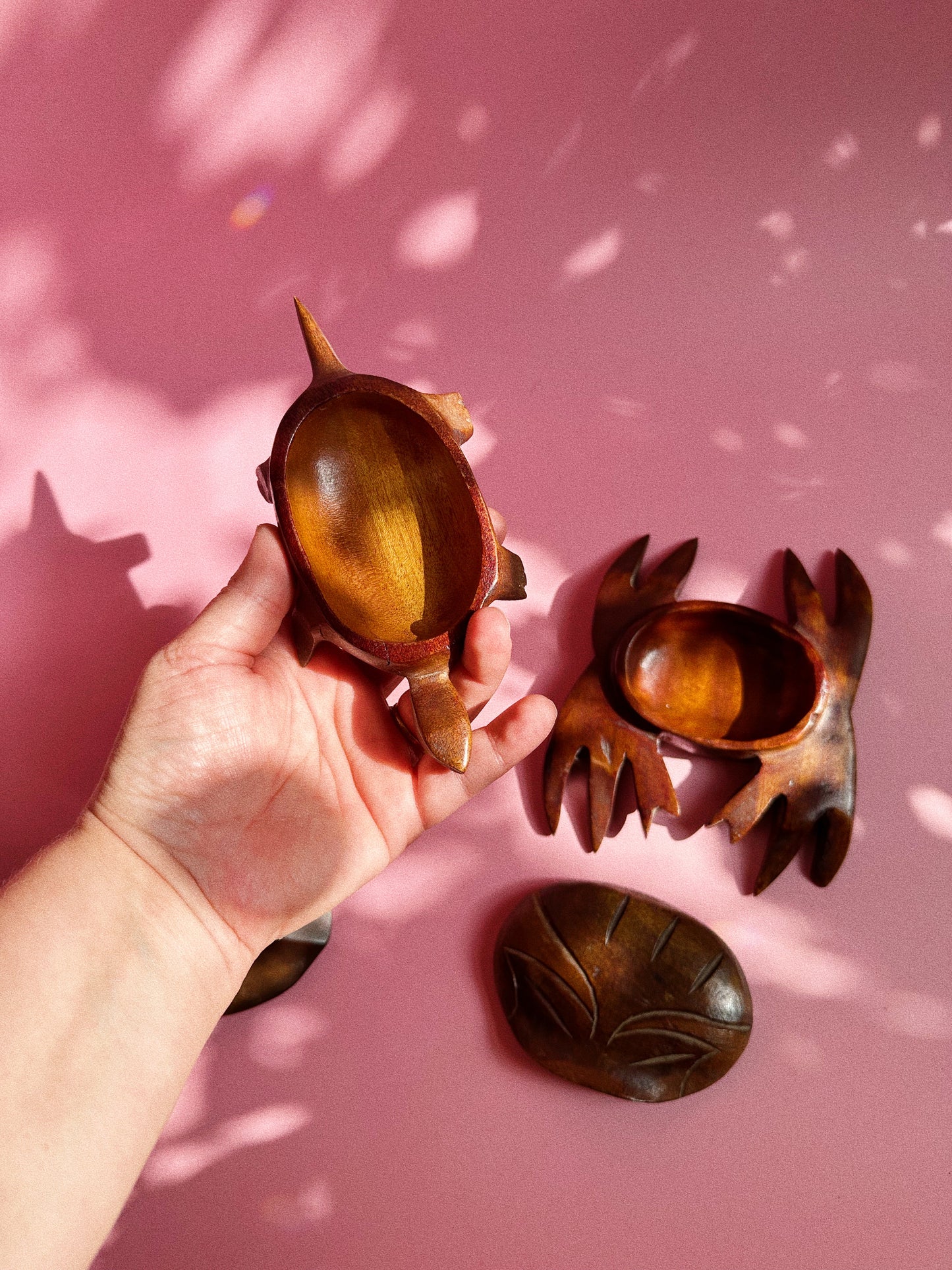 Vintage Handcarved Wooden Crab & Turtle Lidded Dishes