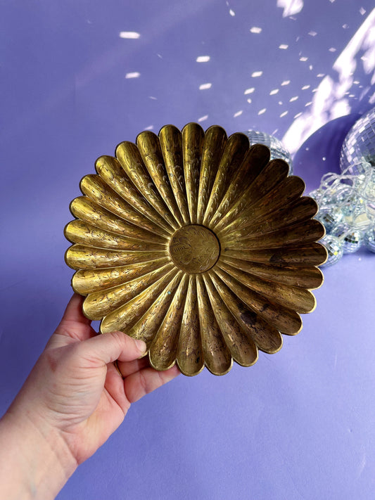 Gorgeous Vintage Etched Brass Daisy Shaped Footed Platter