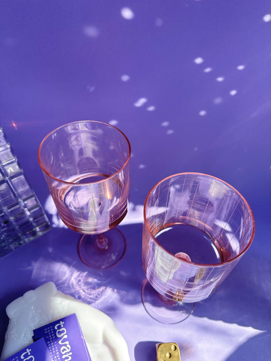 Pair of Studio Nova Park Avenue by Truck Pink Grid 7" Pattern Wine Glasses