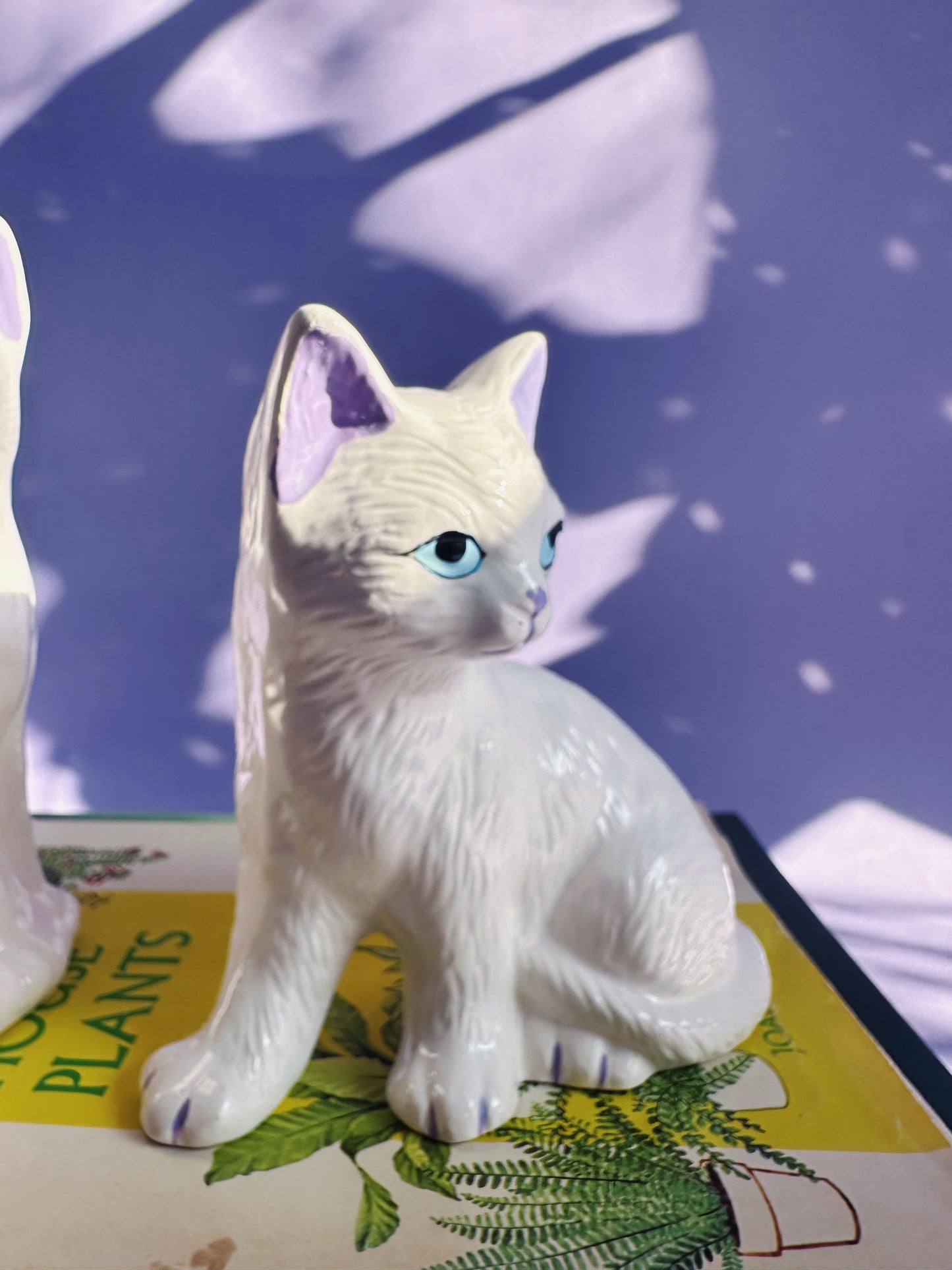 Vintage Pair of Ceramic White Cat Sculptures w Purple Details