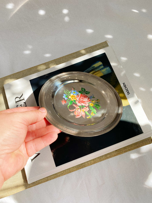 Vintage Stainless Steel Floral Plate
