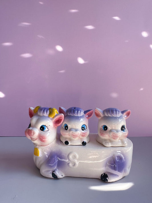 Vintage Cow Salt & Pepper Shakers Anthropomorphic Holder Set 1950s Japan Ceramic