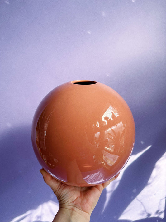 Vintage 80s Peach Art Deco Revival Round Vase