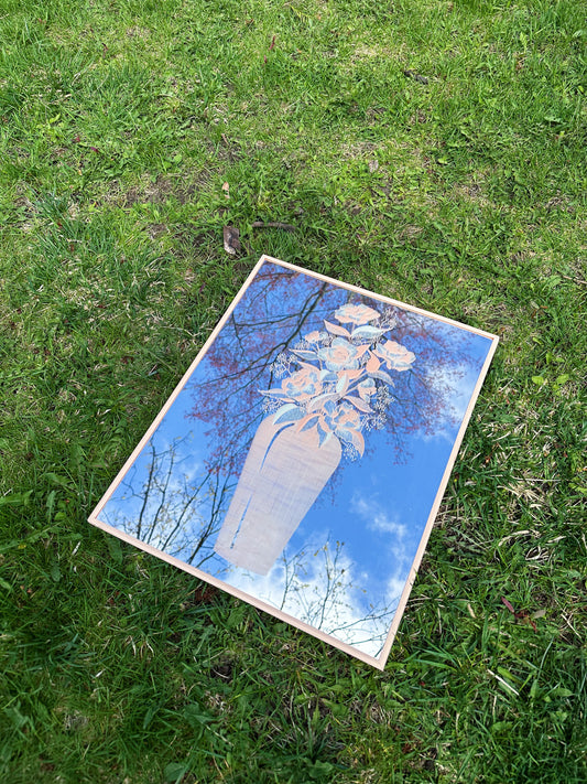 Vintage Peachy Post Modern Etched Floral Mirror