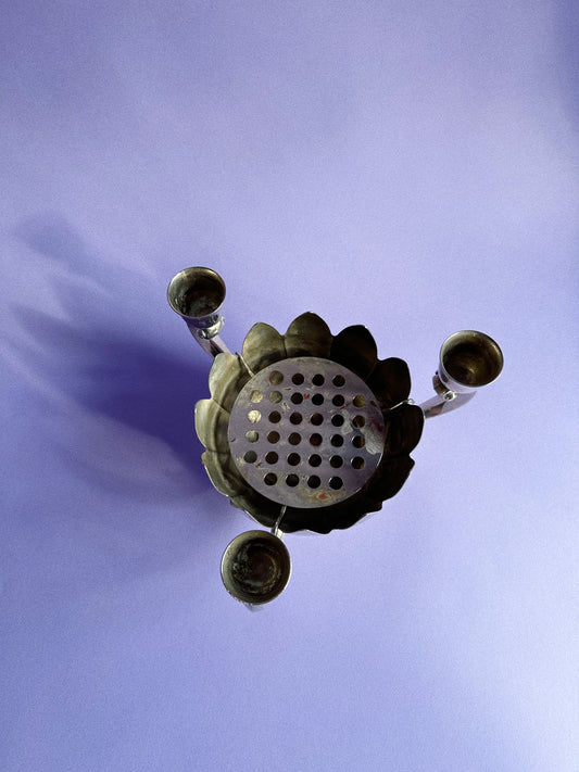 Vintage Silver Plated Candle Holder Water Lily Lotus Flower Frog