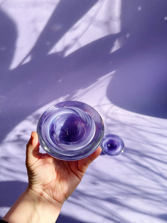 Pair Of Kosta Boda Purple Swirl Candle Votive Holders