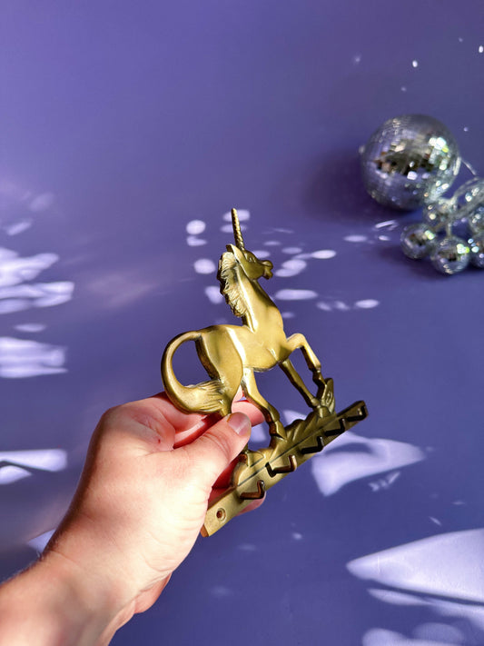 Vintage Solid Brass Unicorn Laying Down Mythical Magical Key Rack Hooks