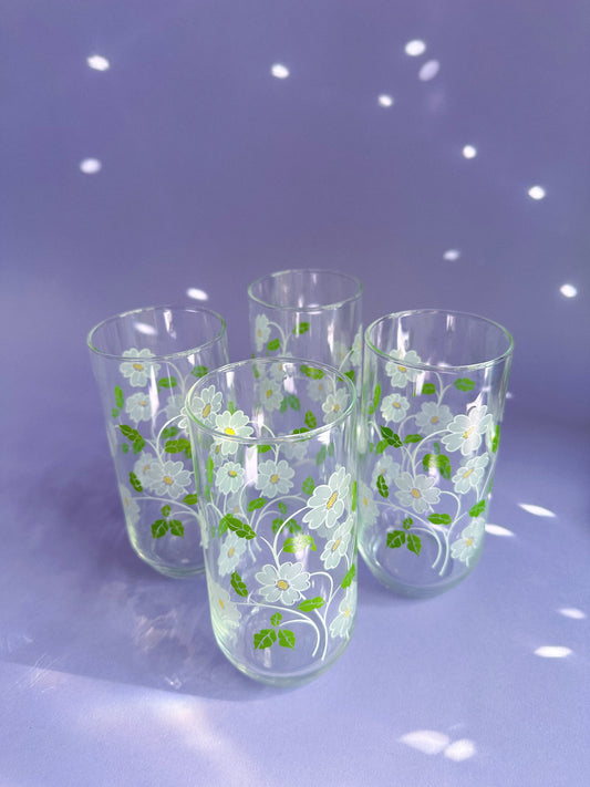 Set of 4 Vintage Daisy Print Glass Tumblers