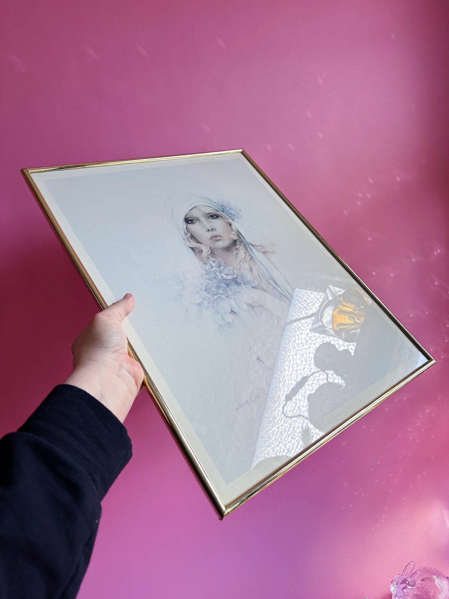 Vintage 80s Lacquered Brass Framed Wall Art Sara Moon Print