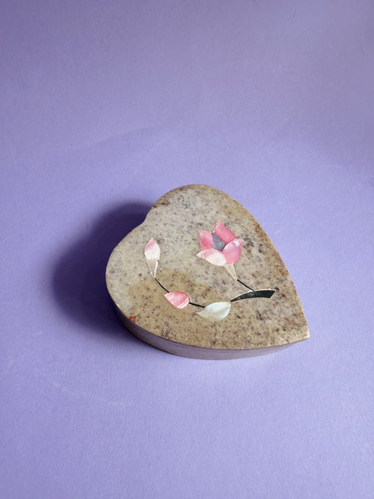 Carved Heart Soapstone Flower Inlay Gemstone Jewelry Gift Trinket Box