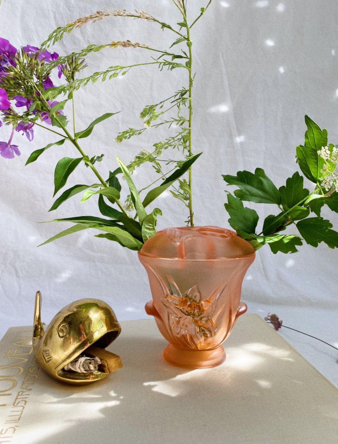 Vintage Frosted Pink Depression Glass Flower Frog Vase