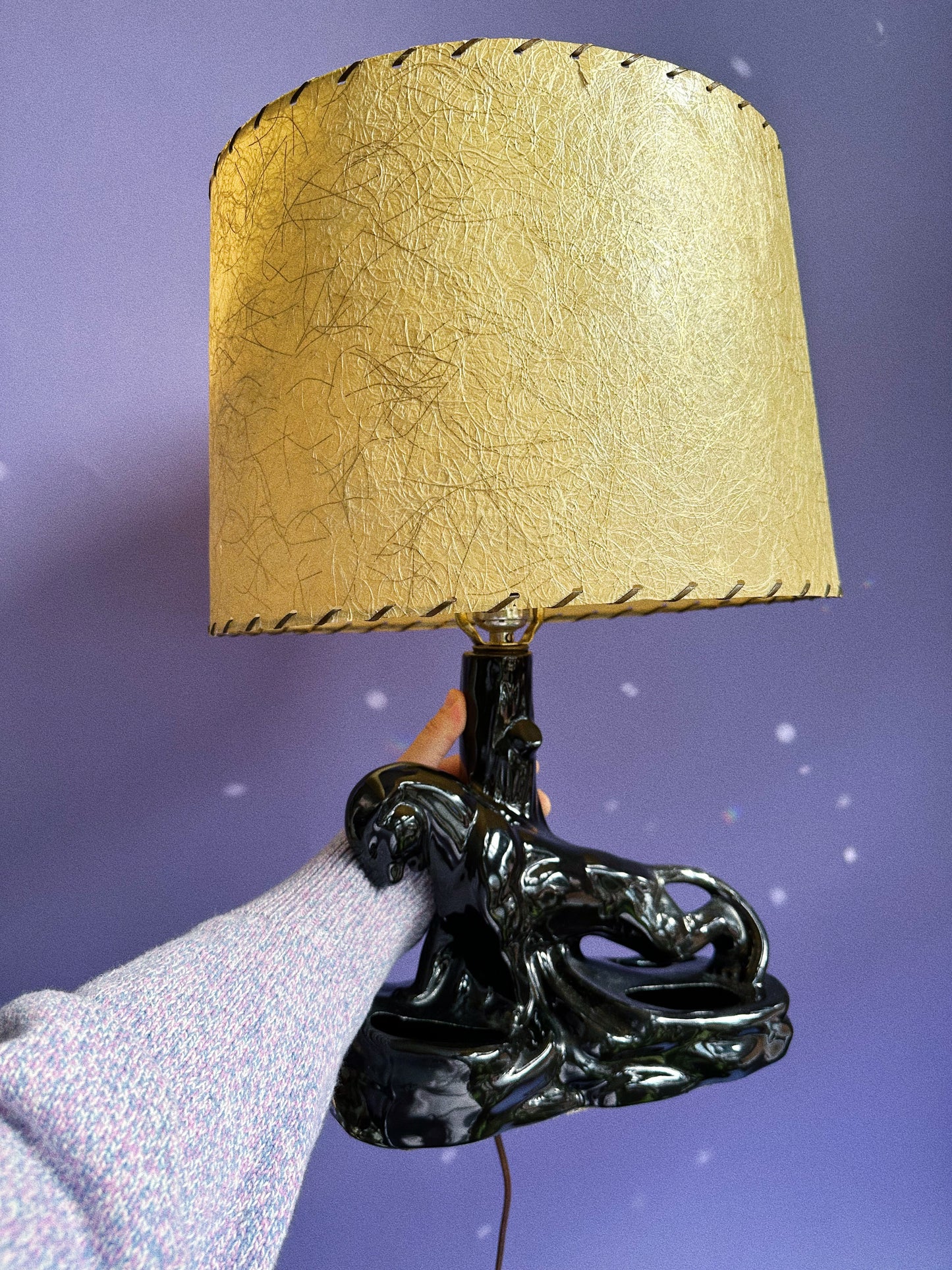 Vintage Mid-Century Modern Black Panther / Leopard TV Lamp w/ Fiberglass Shade