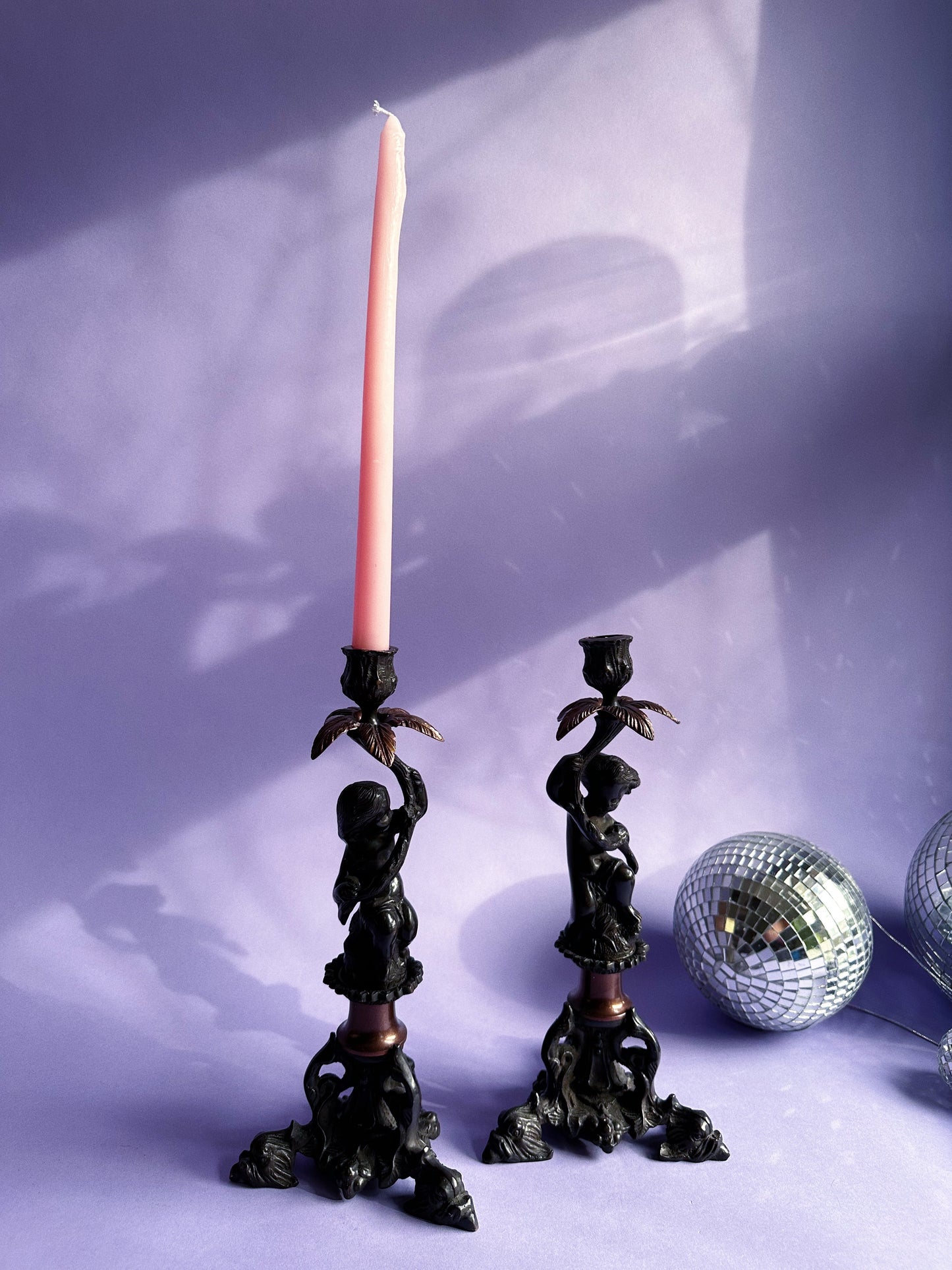 Pair Of Vintage Antique Heavy Cast Metal Cherub Candlesticks