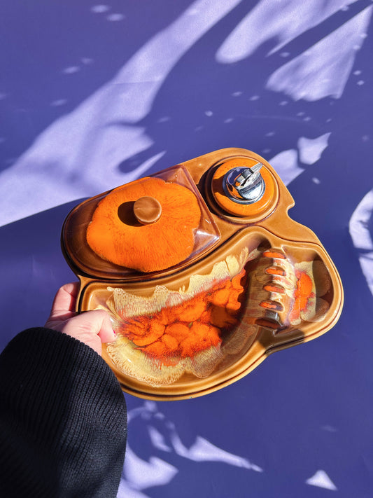 Vintage MCM Ceramic Drip Glazed Large Orange Ashtray Stashtray and Lighter