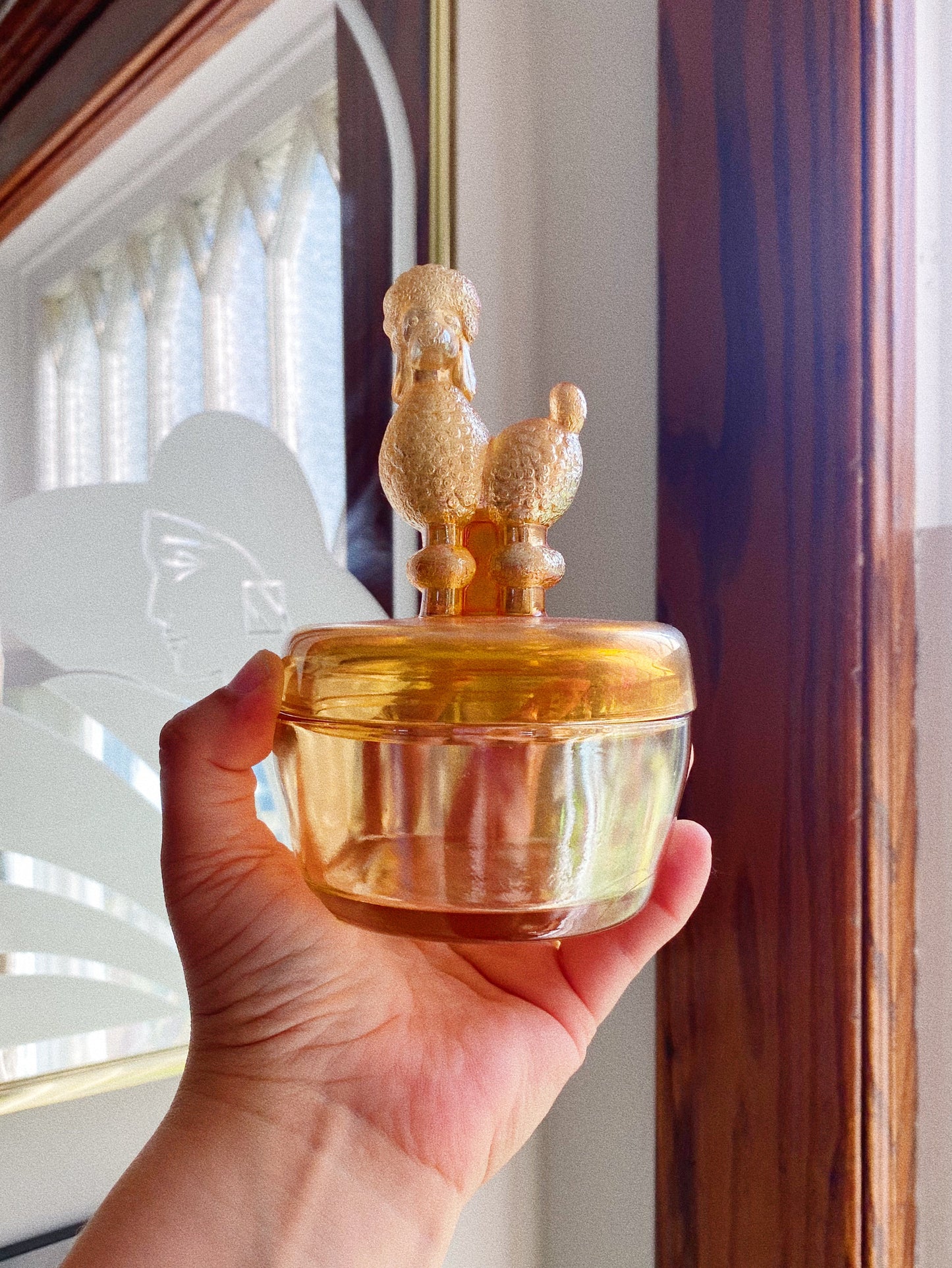 Vintage 40s Jeannette Marigold Luster Carnival Glass Poodle Trinket Powder Dish
