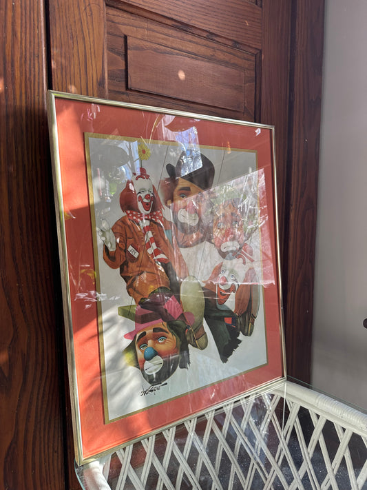 Vintage Chuck Oberstein Clowns Sad Signed Print Brass Framed