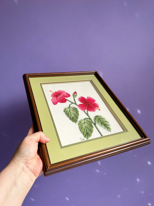 Vintage Pair of Japanese Red Floral Framed Crewel