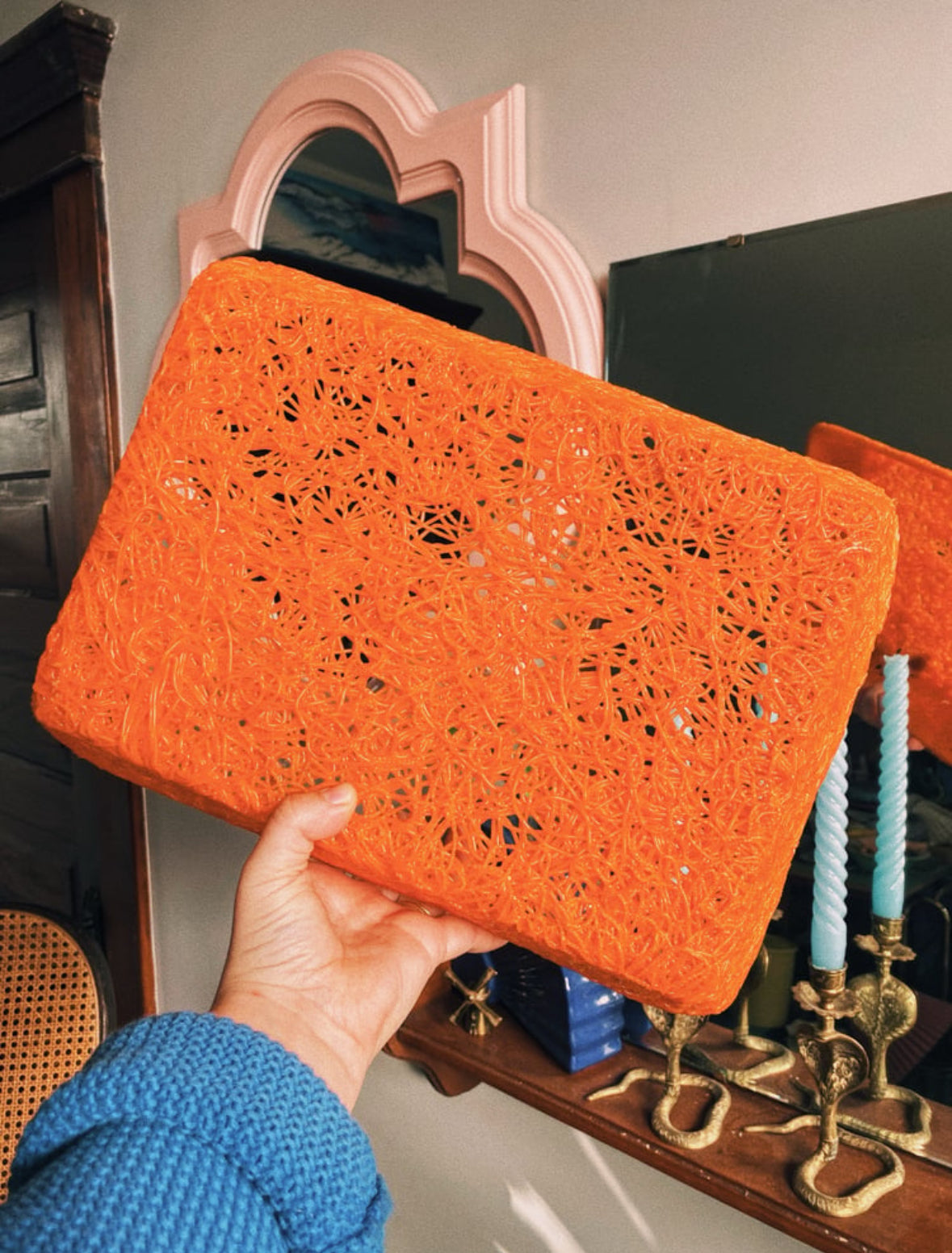 Vintage MCM Retro Orange Lucite Spaghetti Basket