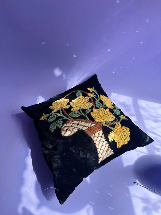 Vintage Floral Crewel Black Velvet Decorative Pillow