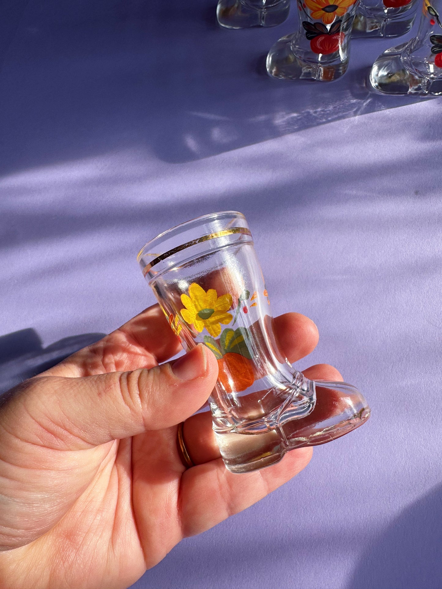 Set Of Mod Dep Glass Boot Shot Glasses Flower Decor Italy