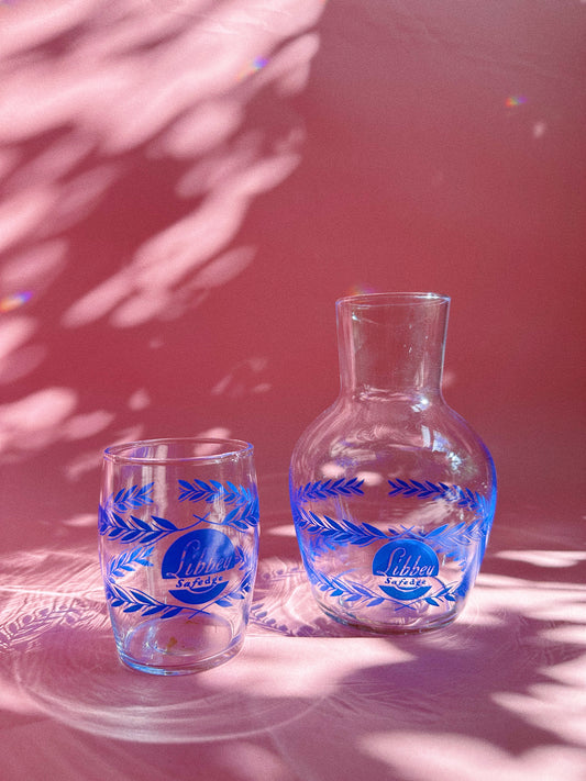 Vintage Crystal Libbey Glass Advertising Tumble Up Guest Pitcher Set c.1935