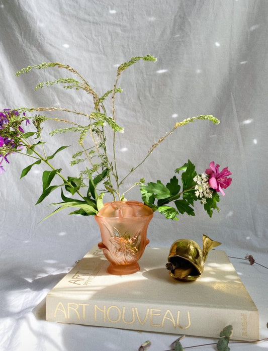 Vintage Frosted Pink Depression Glass Flower Frog Vase