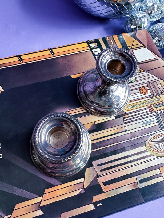 Vintage Pair 2 Birks Regency Silver Plate Candle Stick Holders E P Copper Patina