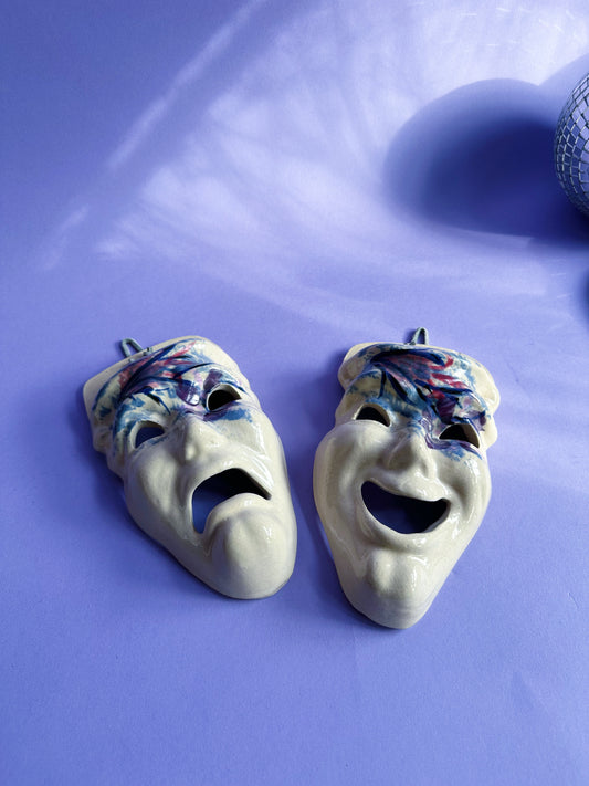 Vintage Handmade Drama Masks Wall Hanging Decor Pottery
